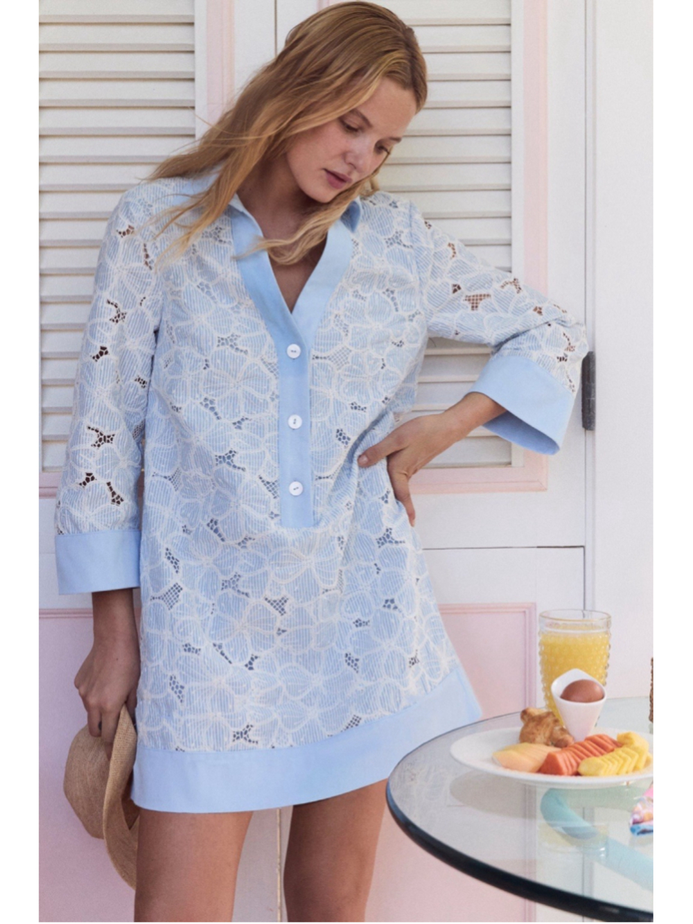 Tuckernuck Blue Floral Lace Collier V Neck Dress XS Collar Coastal Beach Resort